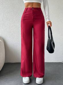 EURMUSE Women's Solid Color Wide Leg Casual Pants, Suitable For Spring, Summer, And Autumn - Burgundy - View 3