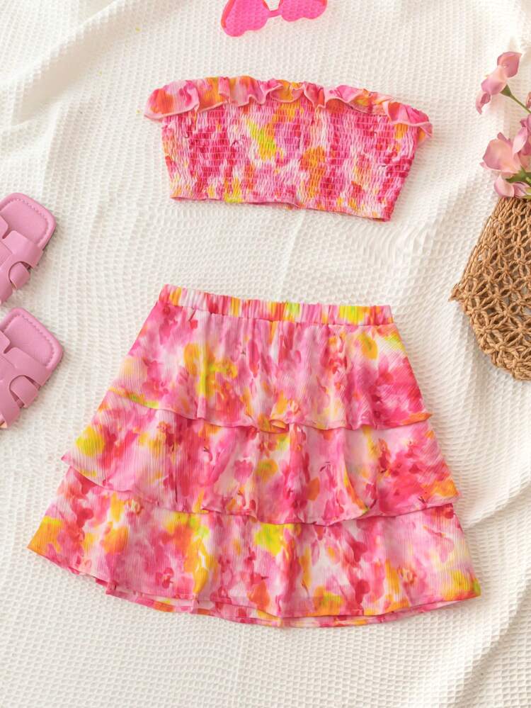Ladies' Casual & Vacation Style Shirred Hem Tie Dye Strapless Top & Layered Skirt Set