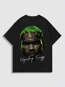 ROMWE MEN Street Life Men Portrait Printed Short Sleeve T-Shirt, Suitable For Daily Wear In Spring And Summer, School - Black - View 1