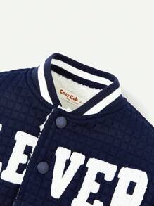 Cozy Pixies Baby Boy Letter Graphic Quilted Striped Trim Drop Shoulder Varsity Jacket - Navy Blue - View 4