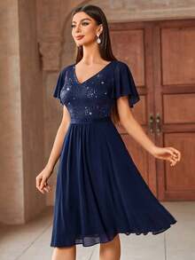 MIUSOL Contrast Sequin Butterfly Sleeve Cocktail Party Swing Dress - Navy Blue - View 7