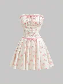 SHEIN MOD Floral Print Pleated Strapless Dress With Countryside Style,Kentucky Derby Dress,Sundress Short - Pink - View 1