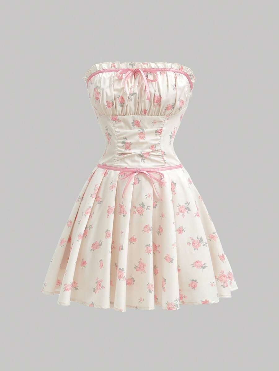 SHEIN MOD Floral Print Pleated Strapless Dress With Countryside Style,Kentucky Derby Dress,Sundress Short - Pink - View 1