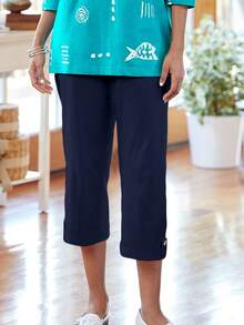Women Solid Color Straight Leg Casual Crop Pants - Navy Blue - View 2