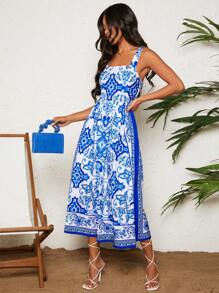 Travachic 假日夏季全印花休閒連身裙，細肩帶，寬鬆教師藍白色洋裝