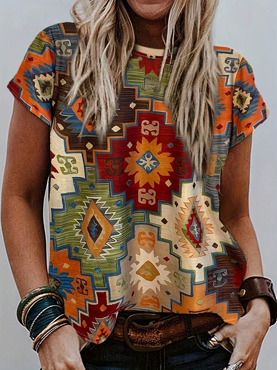 Camiseta feminina casual gola redonda estilo boêmio retrô com estampa geométrica e manga curta