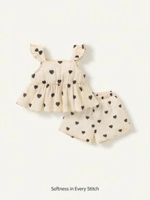 Cozy Pixies Baby Girl Heart Printed Square Neck Ruffle Trimmed Cropped Top And Casual Shorts Set Matching Set - Apricot - View 3