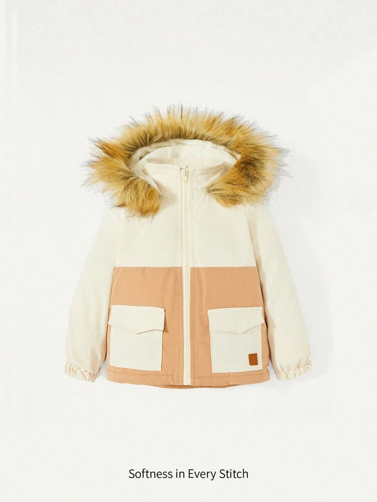 Baby Girl Two Tone Fuzzy Trim Hooded Coat