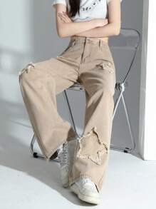 少女街頭時尚星形刺繡鬆身直筒牛仔褲，舒適寬鬆 - 卡其色 - 查看 7