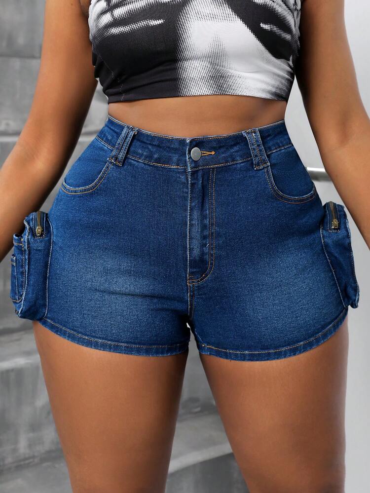 Women's Plus Size Fashionable Slim Fit Denim Shorts With Pocket Design, Summer