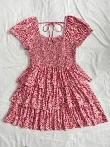 Dreamara Kích thước lớn Của phụ nữ Kỳ nghỉ Phong cách Ngắn tay Cổ Trái tim In hoa Váy Bodycon mini - Nhiều màu - Xem 2