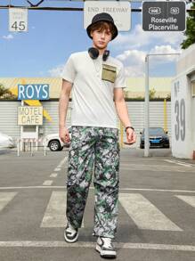 Teen Boy's Leaf Print Elastic Waist Straight Leg Pants - Multicolor - View 5