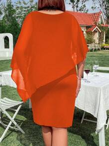 Plus Size Knit Chiffon Patchwork Rhinestone V-Neck Short Sleeve Bodycon Mini Dress - Orange - View 2