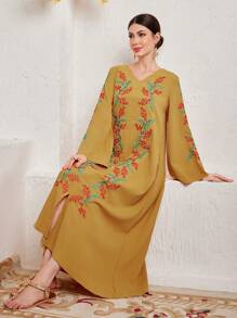 Al Najma 女性阿拉伯直身連衣裙，與植物刺繡，波浪袖 - 黃色 - 查看 7