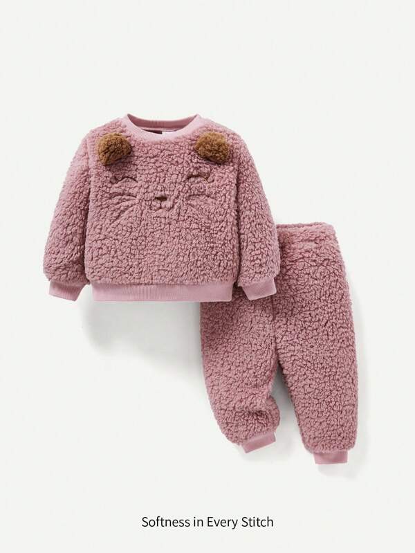 Cozy Pixies Bebé niña Pullover teddy con bordado de dibujos animados con diseño de orejas 3D con pantalones