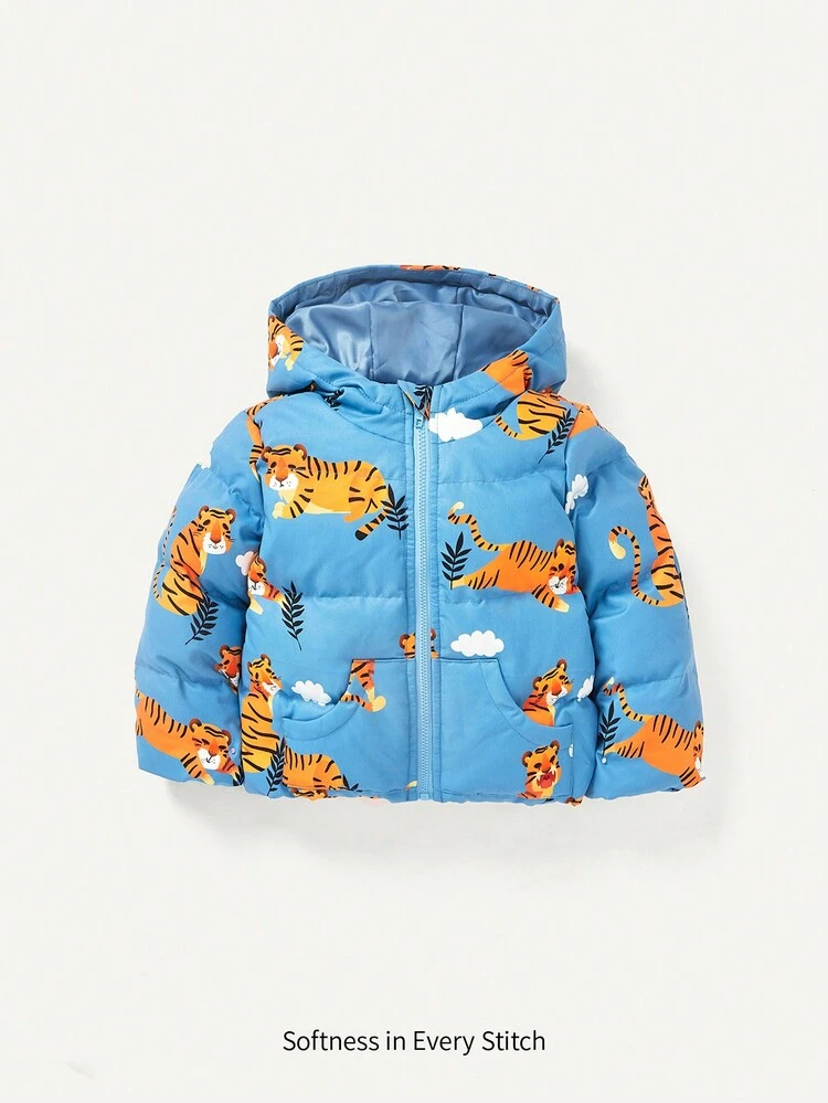 Baby Boy Cartoon Graphic Hooded Padded Coat