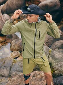Gym Rark Boyfriend Style Men's Solid Color Zipper & Drawstring Closure Hooded Sports Jacket, Suitable For Hiking, Outdoor Travel Sports Jacket - Olive Green - View 6