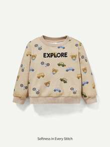 Cozy Pixies Boys' Baby Cartoon Bear & Car Pattern Round Neck Pullover Sweatshirt With Regular Shoulder - Apricot - View 1