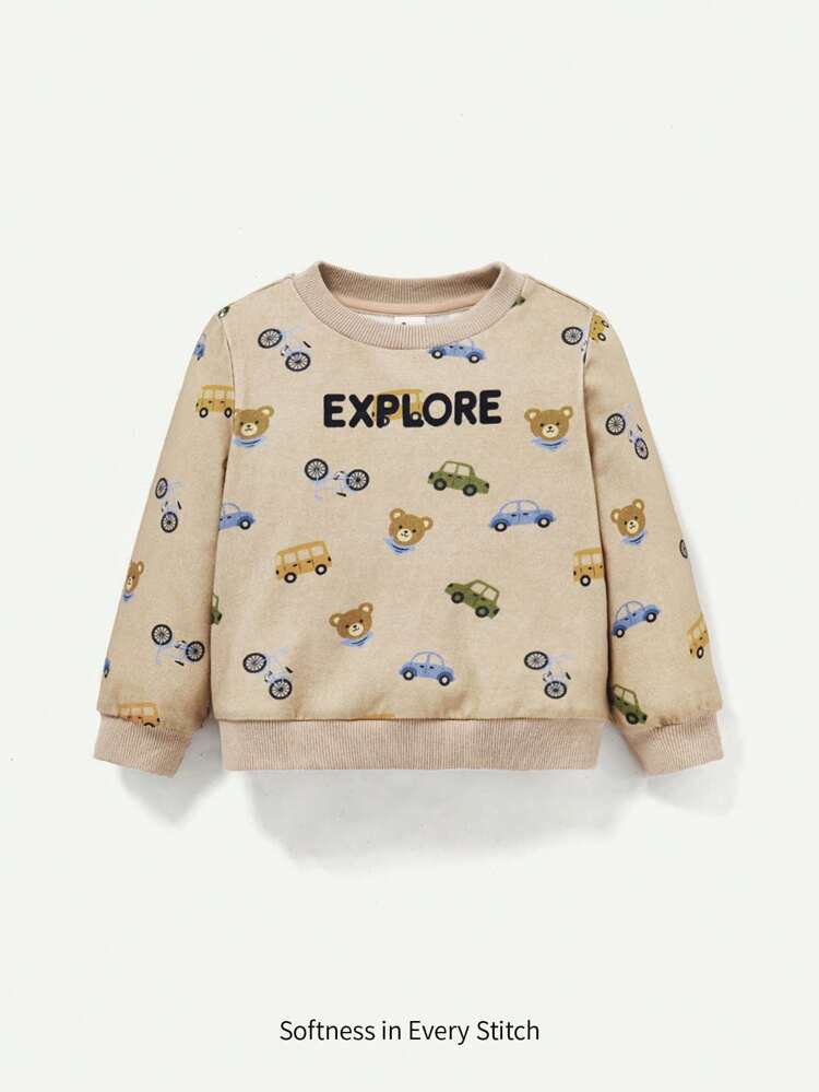 Boys' Baby Cartoon Bear & Car Pattern Round Neck Pullover Sweatshirt With Regular Shoulder