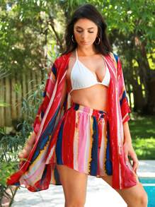 SHEIN SXY Summer Rainbow Stripe Printed Chiffon Loose Bell-Sleeved Jacket & Loose Shorts & White Knitted Vest 3Pcs Woman Outfits Short Sets
