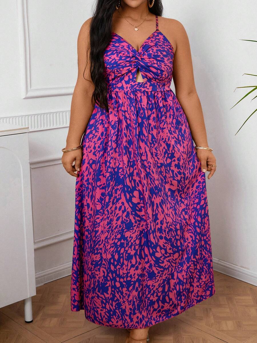 SHEIN VCAY Plus Size Women's Holiday Full-Print Front Knot Open Back Cami Dress - Purple - View 1