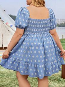 SHEIN CURVE+ Kích thước lớn Cổ Trái tim Ngắn tay Đầm Với Hoa Và Bản in Gingham - Nhiều màu - Xem 4
