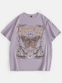 SHEIN EZwear 大尺碼夏季休閒針織復古蝴蝶&字母印花t恤 - 淺灰紫 - 查看 4