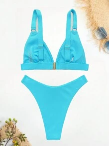 SHEIN Swim 女士夏季海灘時尚純色無線比基尼套裝 - 藍色 - 查看 2