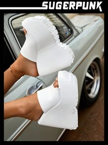 Sugerpunk 女士单带凉鞋，时尚白色坡跟凉鞋，适合夏季 Y2k 朋克潮流酷炫街头运动万圣节圣诞节秋季 - 白色 - 查看 2