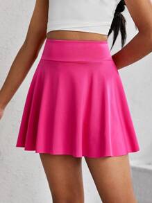 SHEIN Falda-short tejido de unicolor con bolsillo incorporado y pantalones cortos debajo para niña preadolescente. - Rosa Fucsia - Ver 3