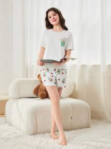 Teen Girl Avocado Print Round Neck Short Sleeve Top And Shorts Casual Pajama Set For Summer - White - View 5