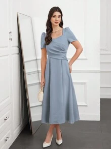 Modelyn 优雅女士纯色泡泡袖褶皱连衣裙，配心形领口，适合夏季长款女士服装 - 霧霾藍 - 查看 3