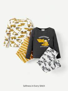 Cozy Pixies 4pcs Baby Boy Snug Fit Pajamas- Letter & Excavator Pattern Round Neck Long Sleeve Top With Trousers - Mustard Yellow - View 1
