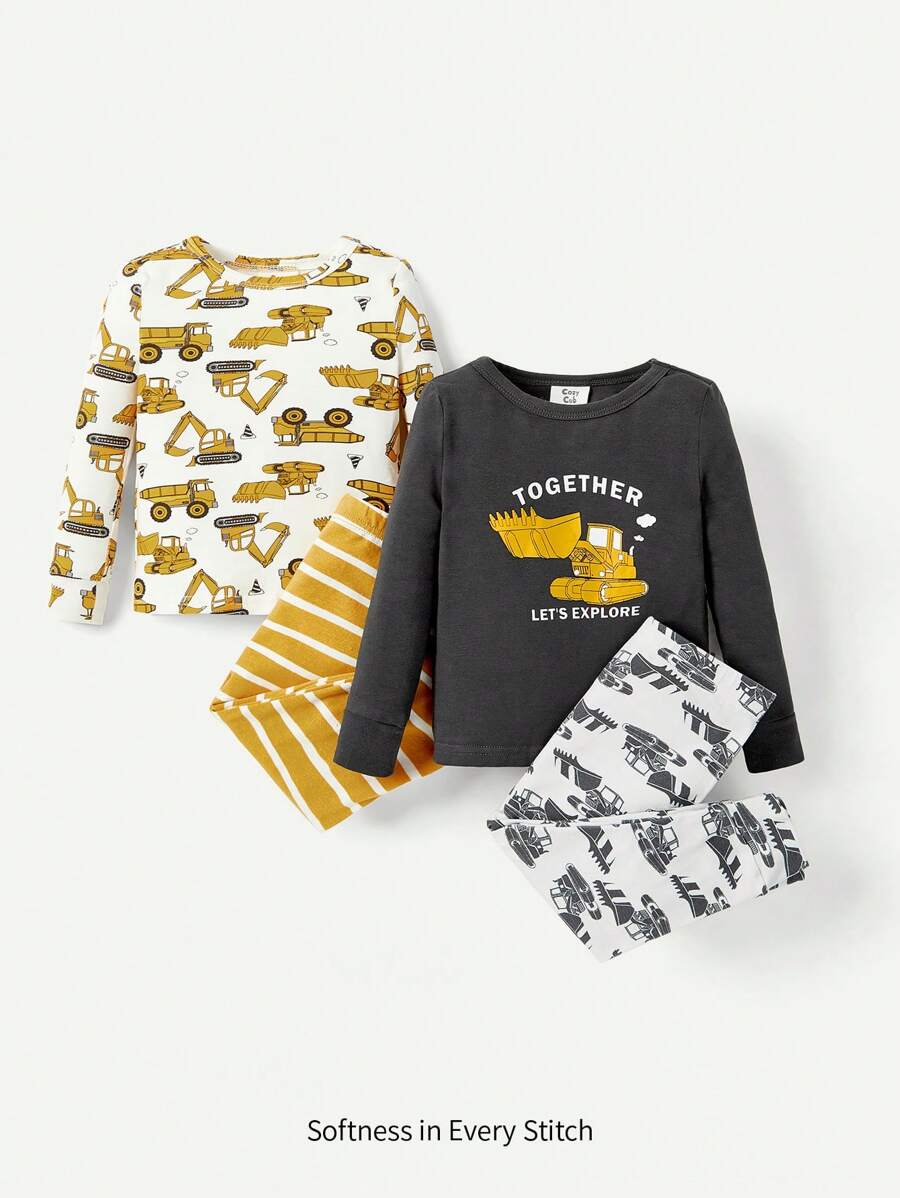 Cozy Pixies 4pcs Baby Boy Snug Fit Pajamas- Letter & Excavator Pattern Round Neck Long Sleeve Top With Trousers - Mustard Yellow - View 1