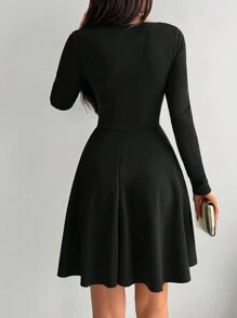 Off Shoulder Flare Hem Dress - Black - View 2