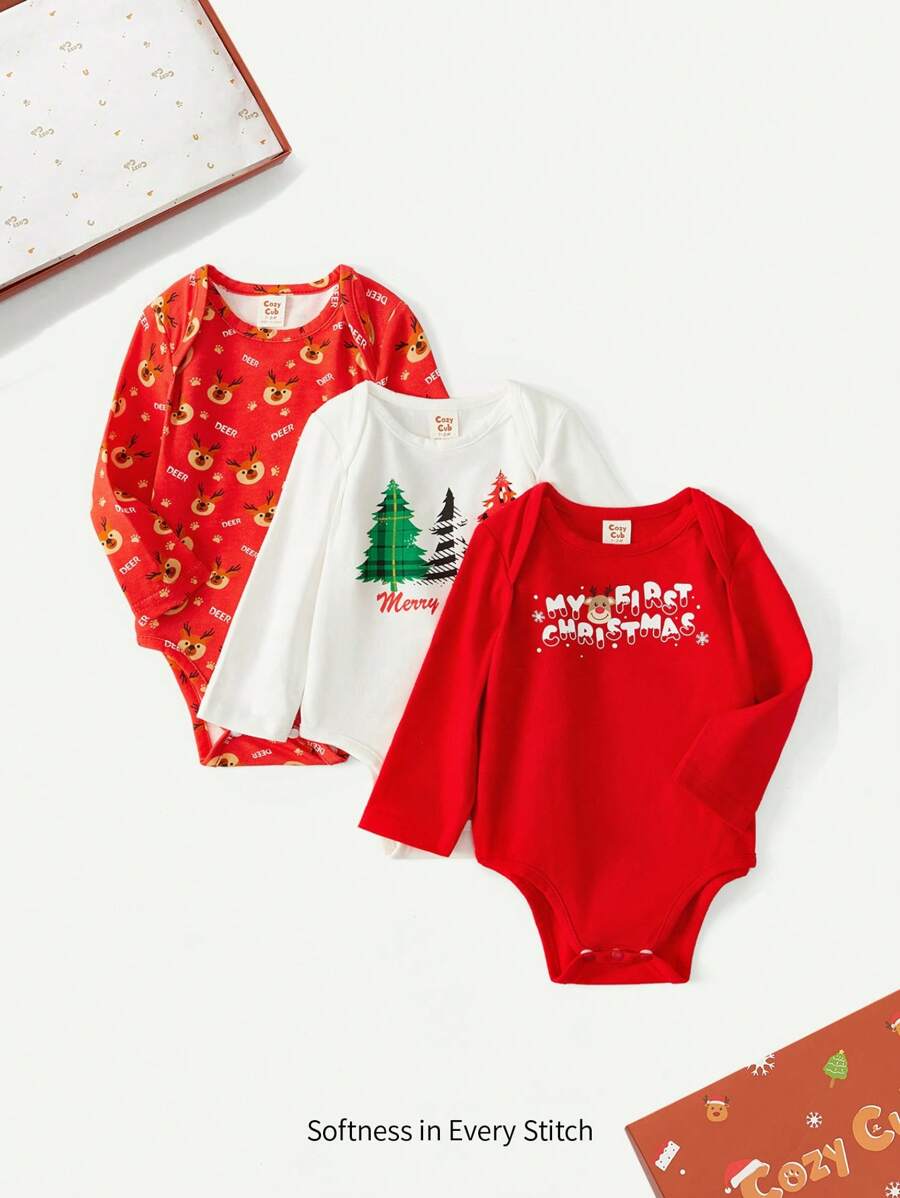 Baby Boy 3pcs Christmas Print Gift Box Bodysuit - White - View 1