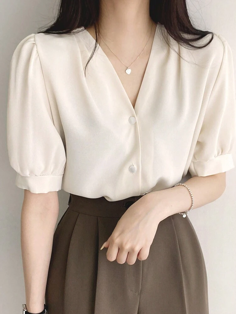 Solid Color Puff Sleeve Casual Shirt, Spring/Summer,Business Casual Women Preppy Tops