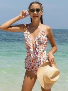 Teen Girl's Floral Print Ruffle Trim One Piece Swimsuit, Bathing Suit Beach Outfit Summer Vacation - Multicolor - View 3