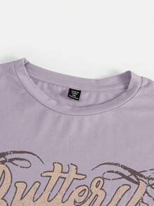 SHEIN EZwear 大尺碼夏季休閒針織復古蝴蝶&字母印花t恤 - 淺灰紫 - 查看 3