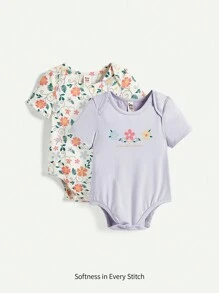 Cozy Pixies Bộ đồ liền thân dệt kim mềm mại họa tiết hoa cổ tròn tay ngắn hai vai cho bé gái 2 món/bộ - Màu tím hoa cà - Xem 1