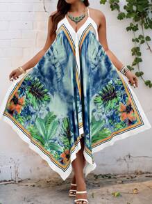 SHEIN Holidaya Plus Size Landscape Print Halter Neck Swing Dress For Summer - Blue - View 1