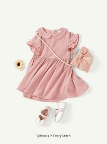 Cozy Pixies Vestido informal de niña bebé de unicolor con cuello Peter Pan, volantes y lazo en la cintura