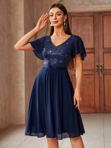 MIUSOL Contrast Sequin Butterfly Sleeve Cocktail Party Swing Dress - Navy Blue - View 4