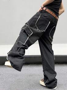 Manfinity Roghcode 男士时尚牛仔裤，带磨边和口袋设计，超大长款洗水工装牛仔裤，纯色深灰色，度假风，Y2K 男友礼物，男士宽松牛仔裤，男士嘻哈牛仔裤，男士黑色宽松牛仔裤，宽松牛仔裤街头潮流 - 黑色 - 查看 2