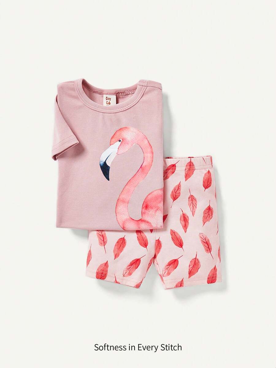 Cozy Pixies Baby Girl Snug Fit Pajama Set With Cartoon Animal Pattern Short Sleeve Top And Casual Shorts Matching Set - Pink - View 1