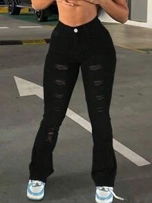 Jean Évasé Avec Distressed En Couleur Unie - Noir - Voir 4
