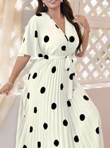 Mulvari 大码女式夏季圆点印花 V 领荷叶边短袖褶皱连衣裙 - 白色 - 查看 4