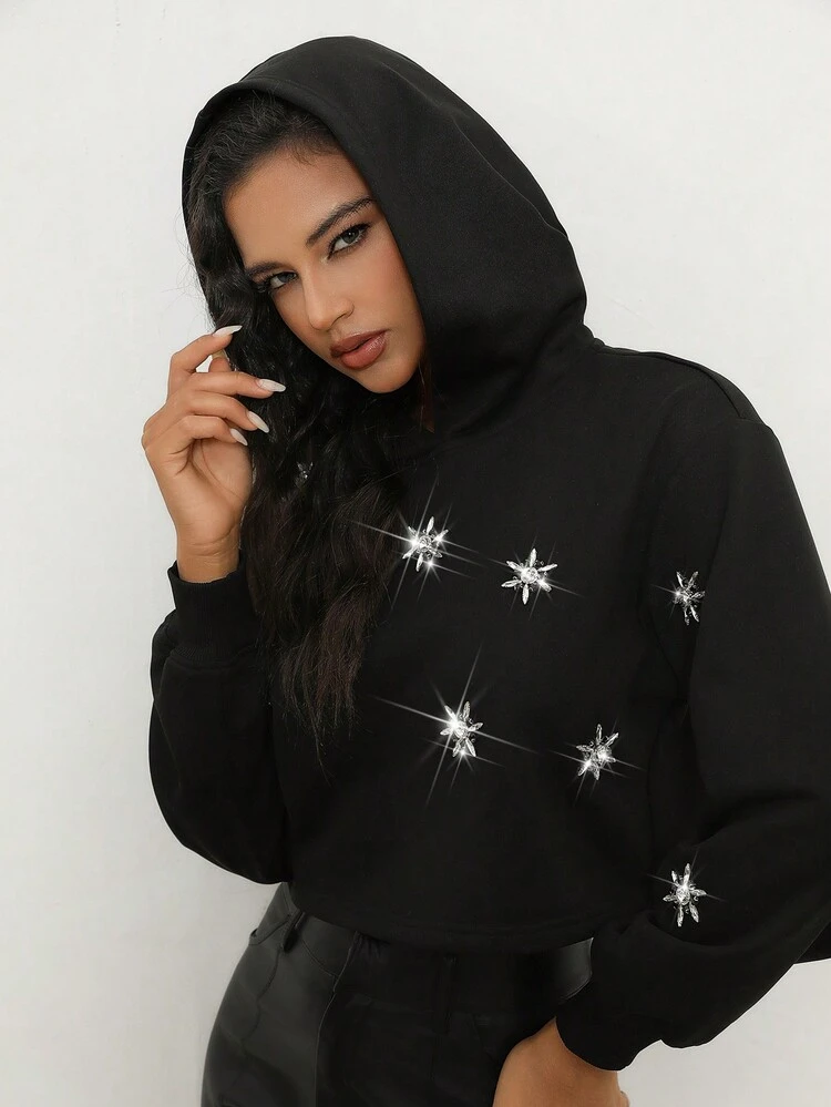 Fashionable Urban Rhinestone Decor Women's Black Short Fitted Knit Sweatshirt