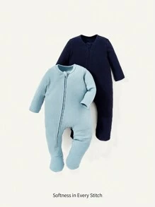 Cozy Pixies Baby Boy 2pcs Solid Zip Front Ribbed Knit Sleep Jumpsuit - Dusty Blue - View 1