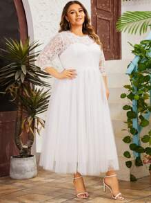 Women Plus Size Floral Lace Mesh Curve Wedding Dress Engagement Bridal Shower Cocktail Party Gowns Reception Bachelorette Event Rehearsal Extended Sizing, For Valentine's Day - White - View 9